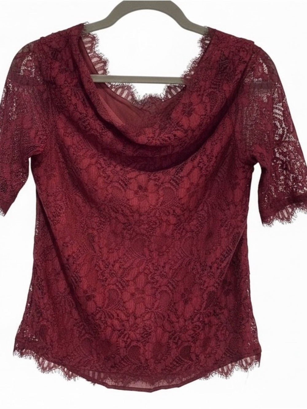 Pim + Larkin Lace Draped Cowl Neck Top Burgundy Elegant Versatile Fashion | EUC